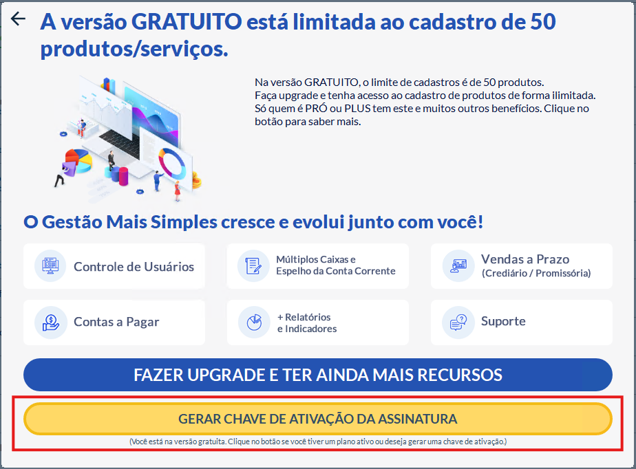 Imagem da tela de upgrade de plano com destaque no botão de ativar assinatura