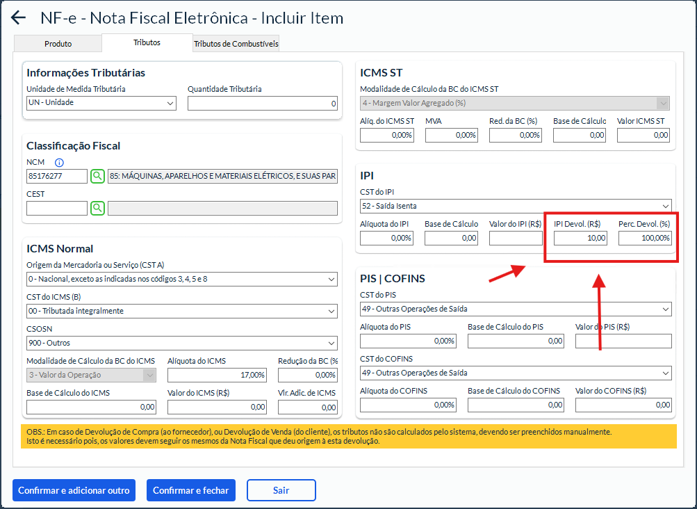 Imagem mostrando novos cmapos de IPI usados na devolução de notas fiscais